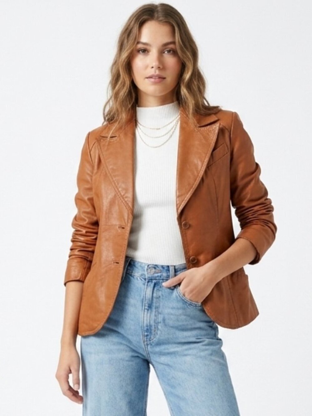 Leather Jacket Cognac Brown Casual Corner XS/S VINTAGE 70s